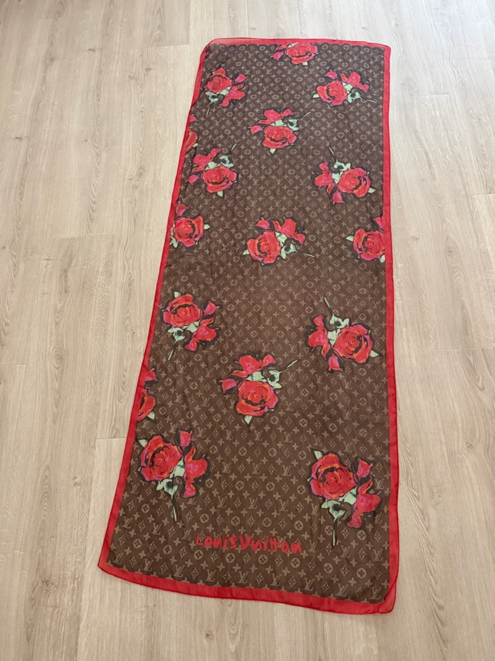 Louis Vuitton Brown and Red Monogram Rose Silk Scarf